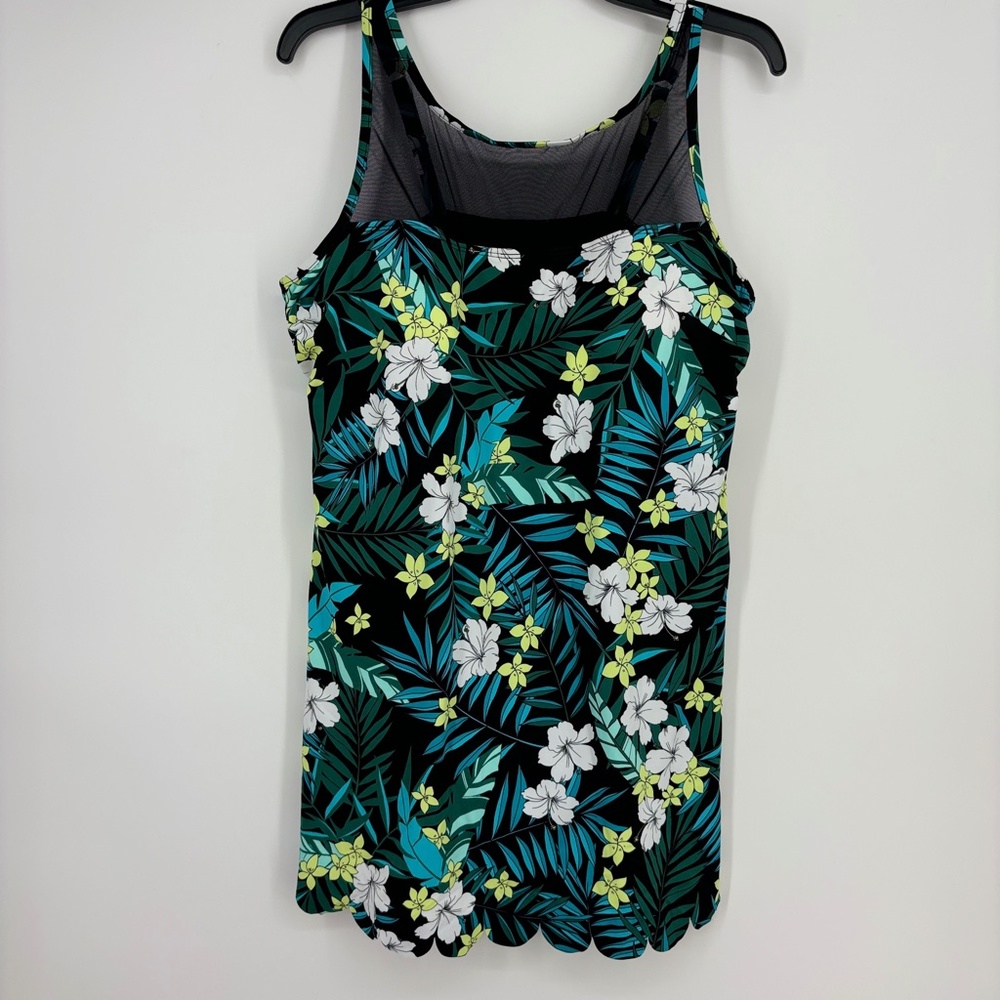 Swim Solutions Womens Sz 18 Swimdress Mesh Yoke Tummy Control Green Blue Floral
